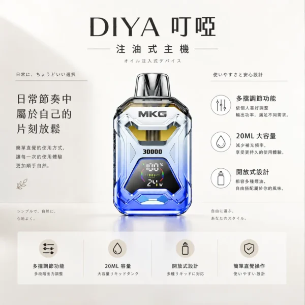 MKG 智能注油小煙主機 主打液晶顯示精準監控數據與多檔調節POWER模式爆發 結合可注油開放式設計與快充技術 通用小煙煙油
