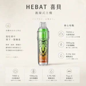 Hebat 喜貝 BOOM 7000口 拋棄式電子煙 主打14ml巨量油倉與500mAh可充電續航 結合3.5%尼古丁鹽與細膩霧化技術