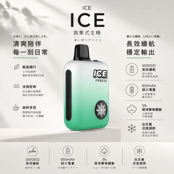 ChatGPT-Image-2026年8月22日-下午09_45_18.webp ICE 10000口 拋棄式電子煙 搭載獨特自定義涼度調節功能 結合Mesh霧化結構帶來順滑口感