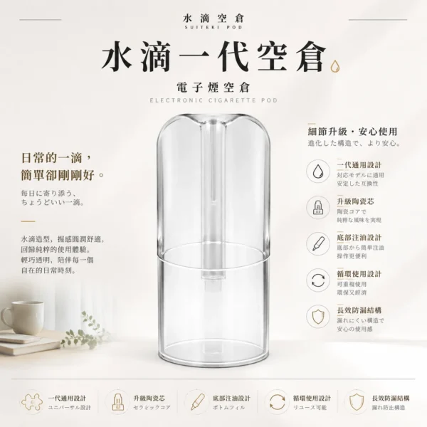ChatGPT-Image-2026年8月25日-下午10_56_17.webp 水滴空倉 一代通用空煙彈 主打升級陶瓷芯還原純淨口感與長效防漏技術 結合便捷底部注油循環使用設計 完美適配一代通用主機