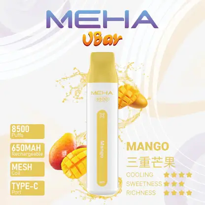 MEHA-8500口-VBar小白條-5.webp MEHA VBar 魅嗨 小白條 8500口 拋棄式電子煙 主打3%尼古丁鹽黃金配方與冰爽水果系列清涼口感 結合8500口大容量與650mAh可充電設計