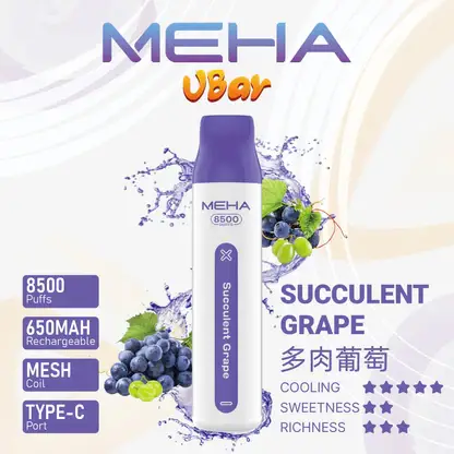 MEHA-8500口-VBar小白條-7.webp MEHA VBar 魅嗨 小白條 8500口 拋棄式電子煙 主打3%尼古丁鹽黃金配方與冰爽水果系列清涼口感 結合8500口大容量與650mAh可充電設計